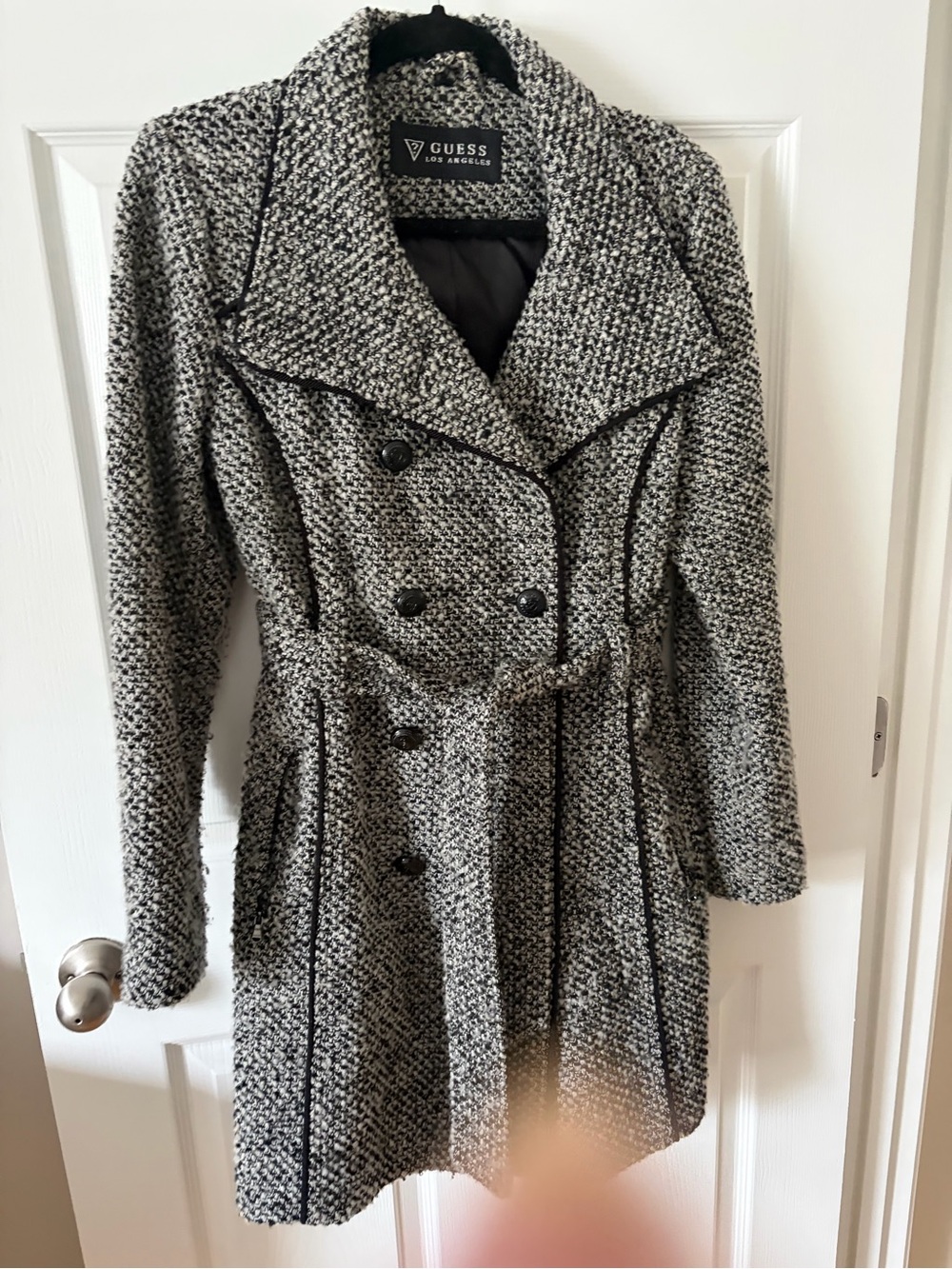 GUESS Black & White Tweed Double-Breasted Pea Coat